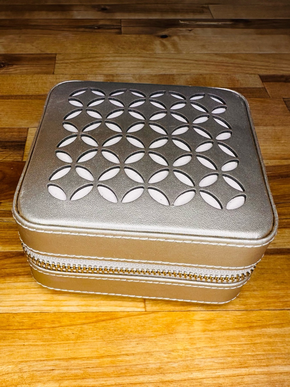 Wolf Travel Zip Leather Jewelry Case Italy Champagne with Mirror 4.5x4.5